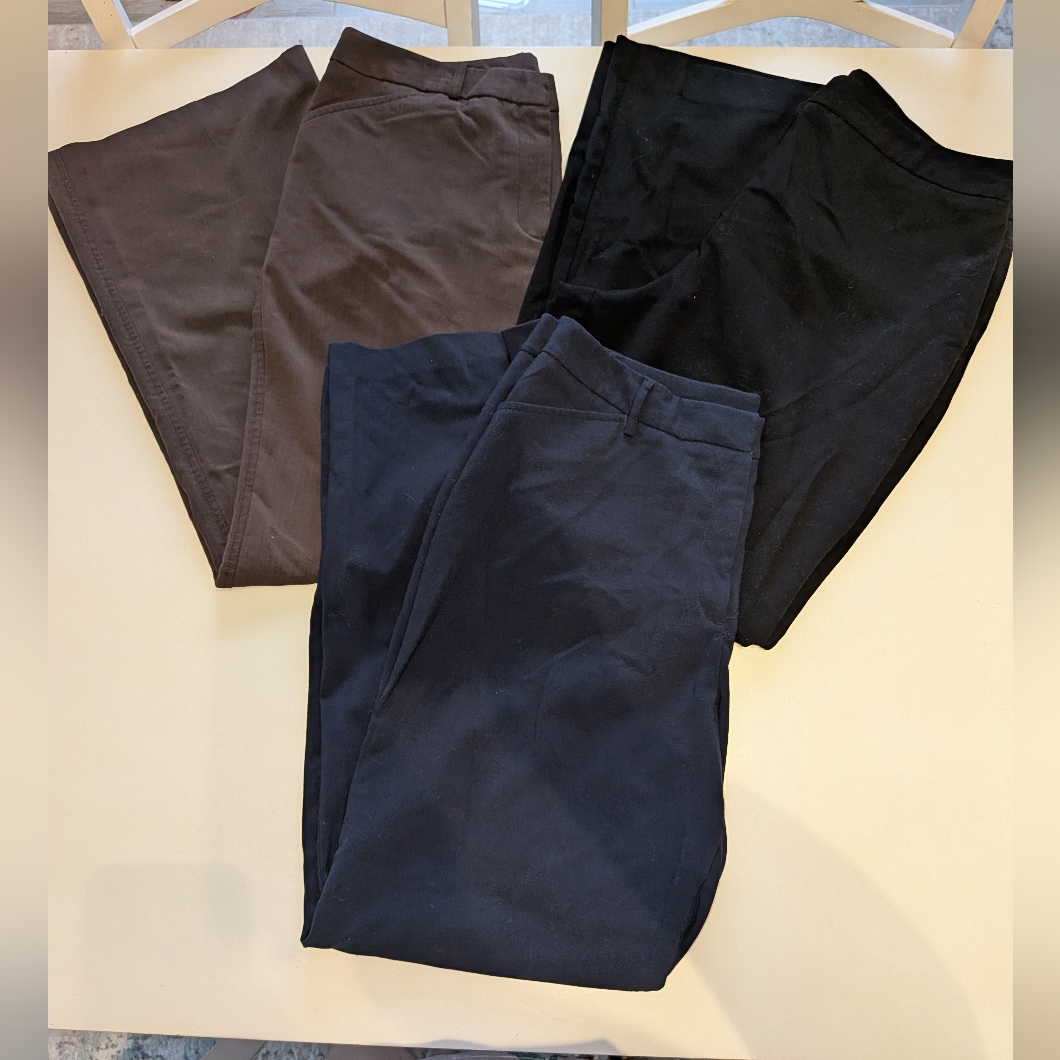 3-Pair Bundle Of Size 14 Average Dress Work Career Slacks - Black, Blue, Brown